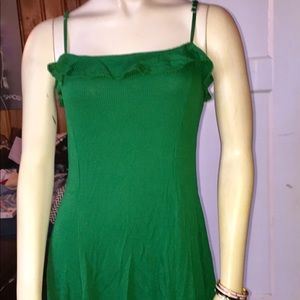 Spaghetti strap green mini dress with ruffle trim
